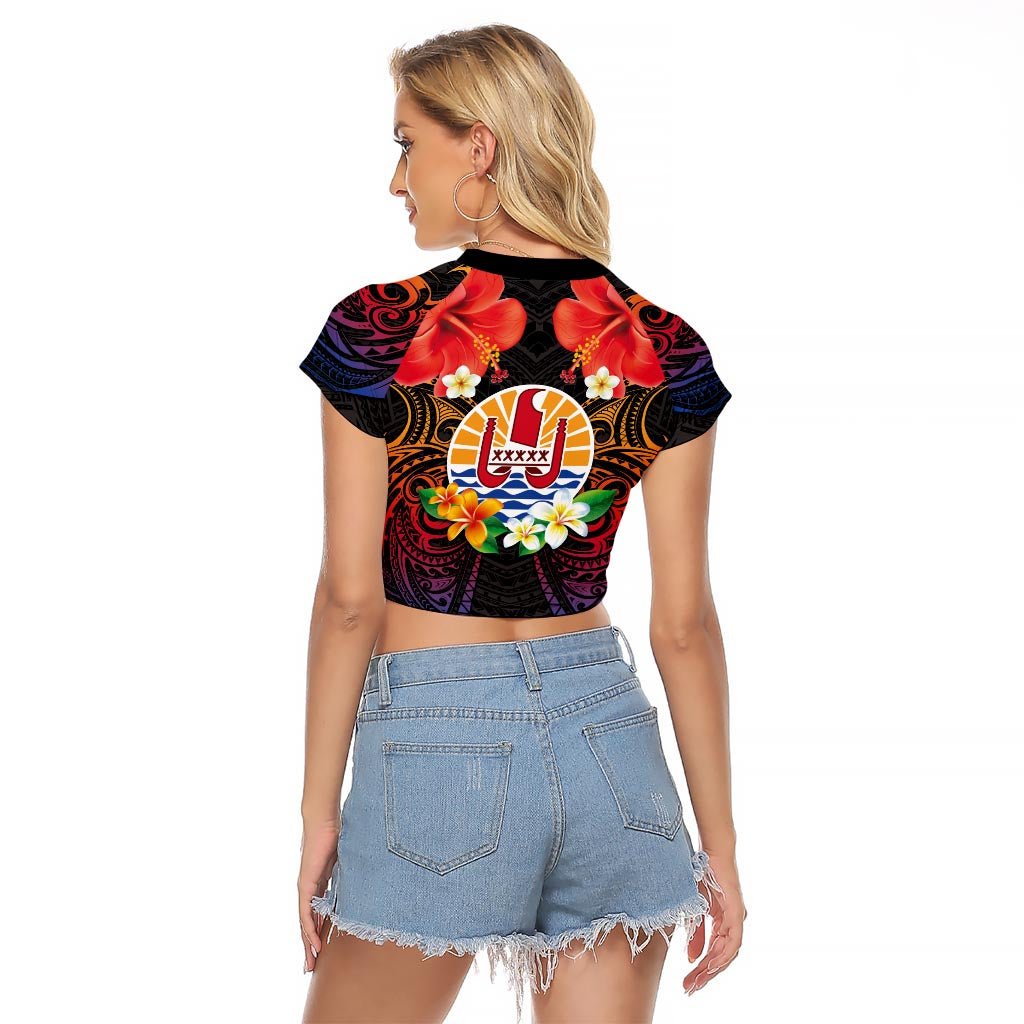 French Polynesia Bastille Day Raglan Cropped T Shirt Tiare Flower and National Seal Polynesian Pattern LT03 - Polynesian Pride