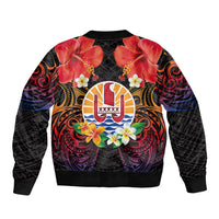 French Polynesia Bastille Day Sleeve Zip Bomber Jacket Tiare Flower and National Seal Polynesian Pattern LT03 - Polynesian Pride