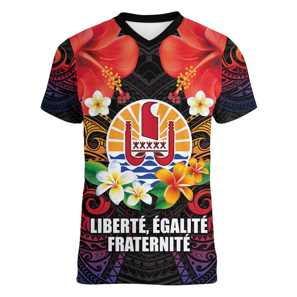 French Polynesia Bastille Day Women V-Neck T-Shirt Tiare Flower and National Seal Polynesian Pattern LT03 Female Black - Polynesian Pride