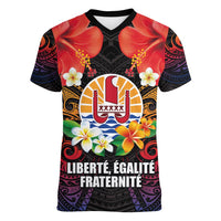 French Polynesia Bastille Day Women V-Neck T-Shirt Tiare Flower and National Seal Polynesian Pattern LT03 Female Black - Polynesian Pride