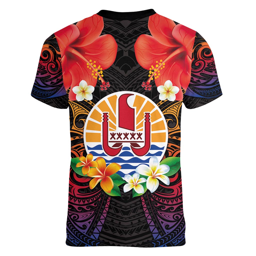 French Polynesia Bastille Day Women V-Neck T-Shirt Tiare Flower and National Seal Polynesian Pattern LT03 - Polynesian Pride