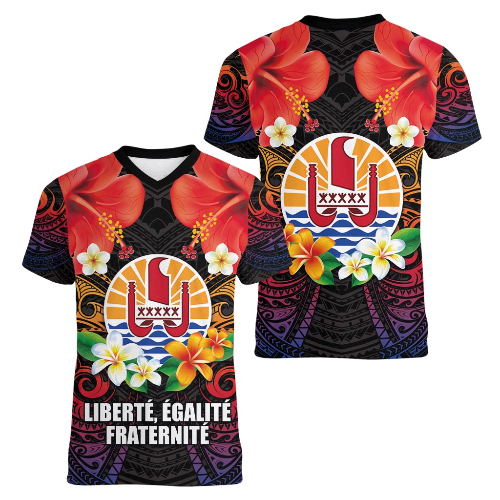 French Polynesia Bastille Day Women V-Neck T-Shirt Tiare Flower and National Seal Polynesian Pattern LT03 - Polynesian Pride