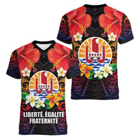 French Polynesia Bastille Day Women V-Neck T-Shirt Tiare Flower and National Seal Polynesian Pattern LT03 - Polynesian Pride