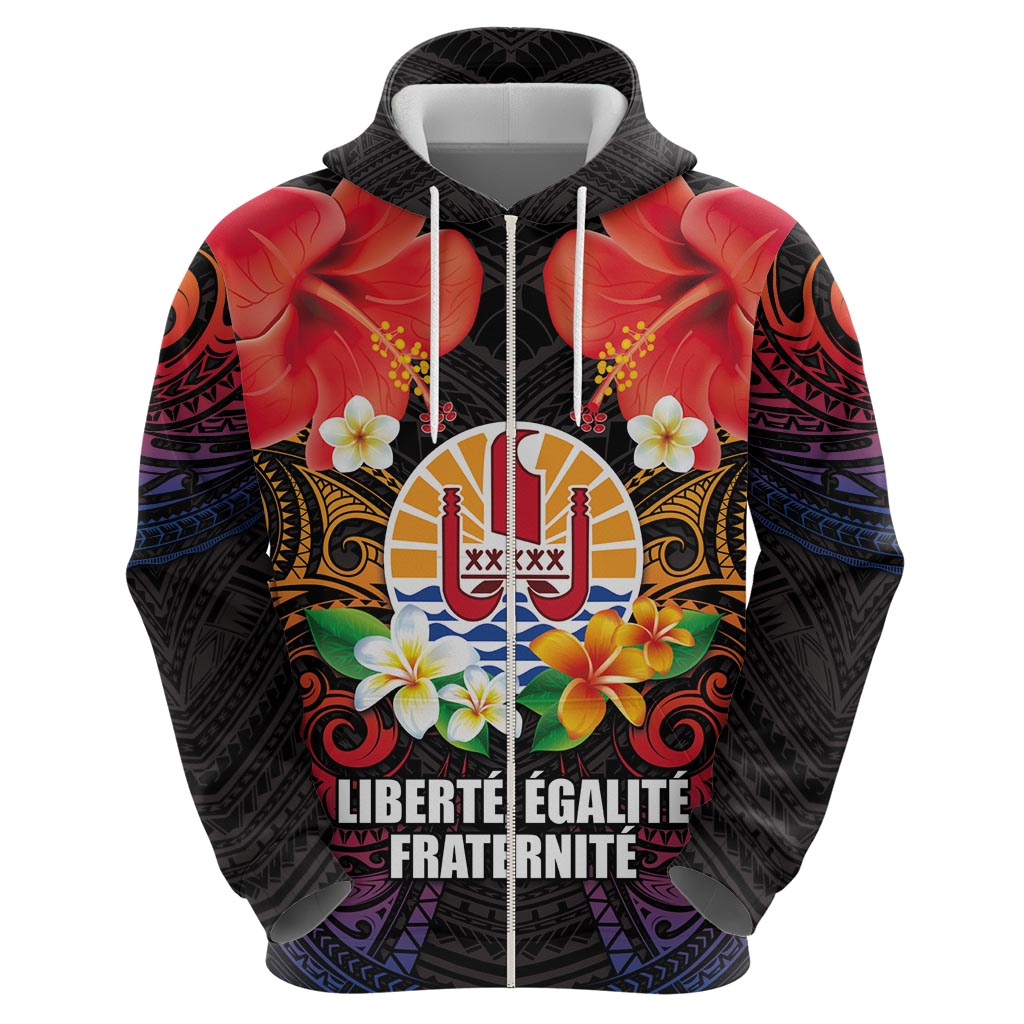 French Polynesia Bastille Day Zip Hoodie Tiare Flower and National Seal Polynesian Pattern