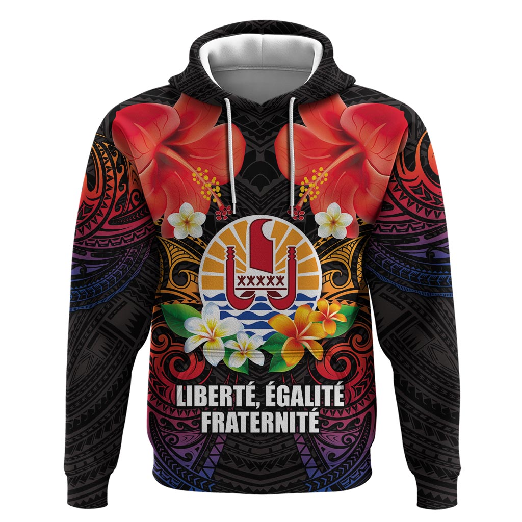 French Polynesia Bastille Day Zip Hoodie Tiare Flower and National Seal Polynesian Pattern