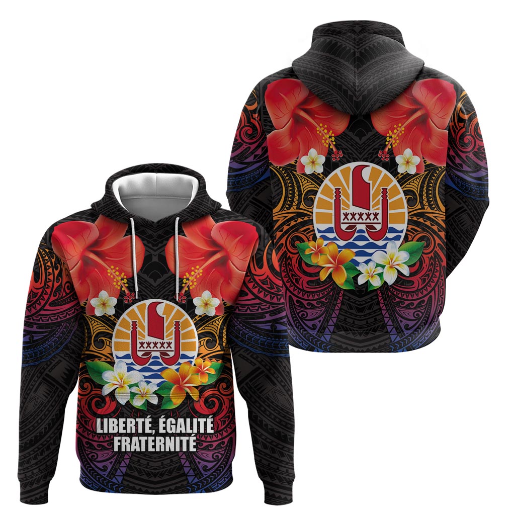 French Polynesia Bastille Day Zip Hoodie Tiare Flower and National Seal Polynesian Pattern
