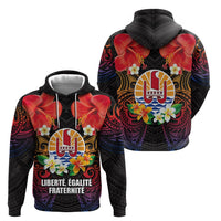 French Polynesia Bastille Day Zip Hoodie Tiare Flower and National Seal Polynesian Pattern