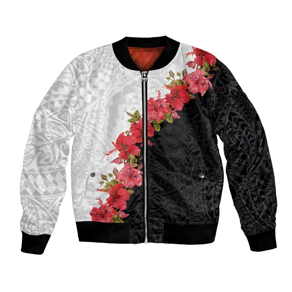 Hawaii Red Hibiscus Flowers Bomber Jacket Polynesian Pattern With Half Black White Version LT03 Unisex Black - Polynesian Pride