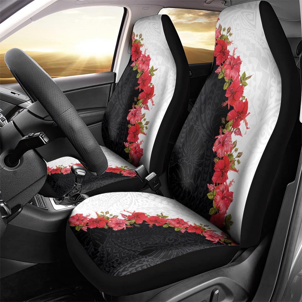 Hawaii Red Hibiscus Flowers Car Seat Cover Polynesian Pattern With Half Black White Version