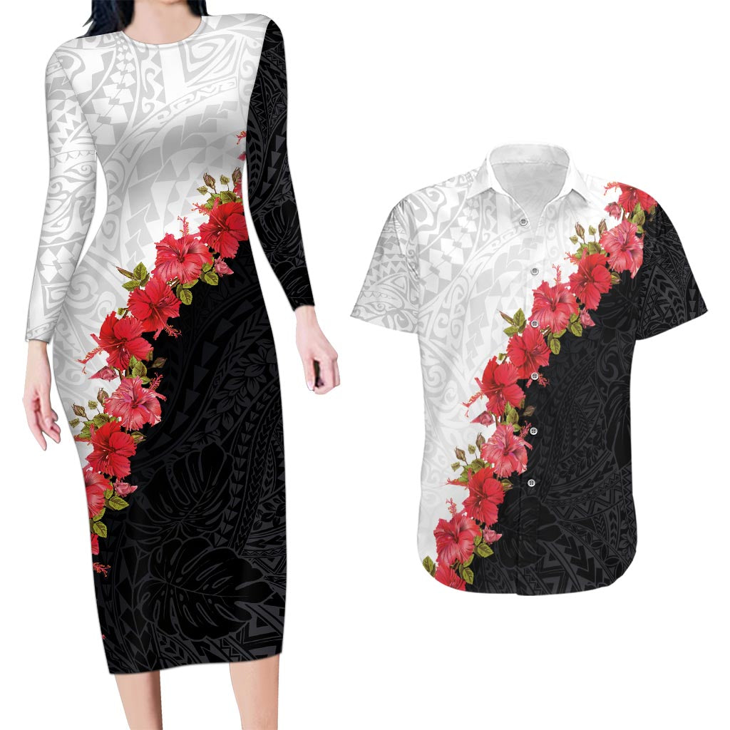 Hawaii Red Hibiscus Flowers Couples Matching Long Sleeve Bodycon Dress and Hawaiian Shirt Polynesian Pattern With Half Black White Version LT03 Black - Polynesian Pride