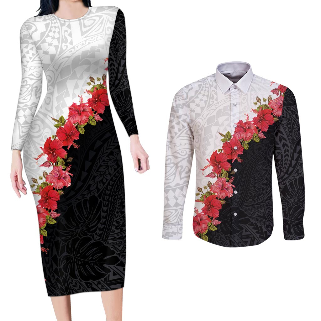 Hawaii Red Hibiscus Flowers Couples Matching Long Sleeve Bodycon Dress and Long Sleeve Button Shirt Polynesian Pattern With Half Black White Version LT03 Black - Polynesian Pride