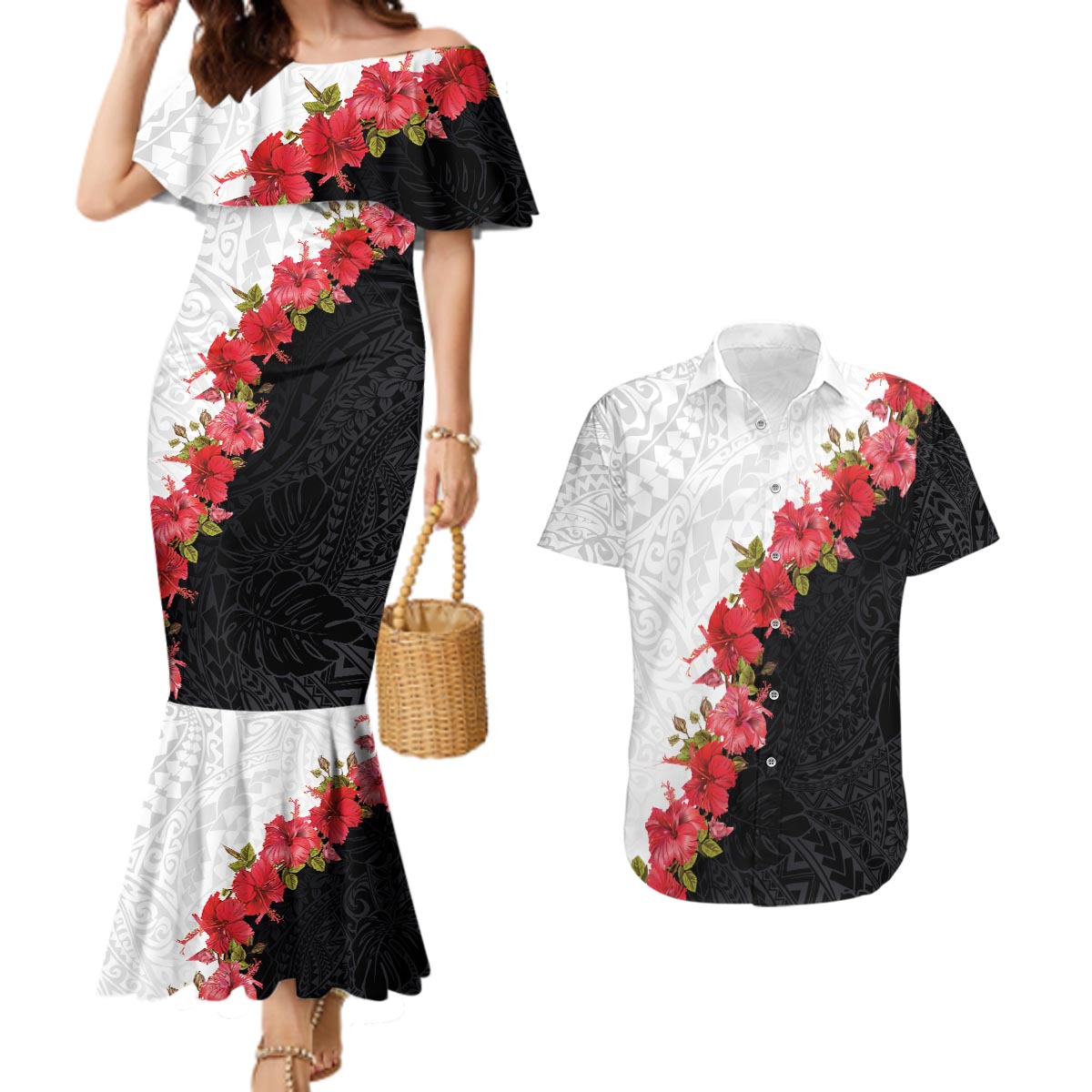 Hawaii Red Hibiscus Flowers Couples Matching Mermaid Dress and Hawaiian Shirt Polynesian Pattern With Half Black White Version LT03 Black - Polynesian Pride