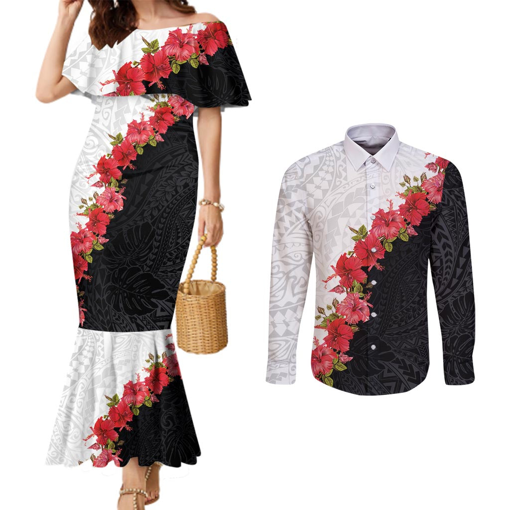 Hawaii Red Hibiscus Flowers Couples Matching Mermaid Dress and Long Sleeve Button Shirt Polynesian Pattern With Half Black White Version LT03 Black - Polynesian Pride