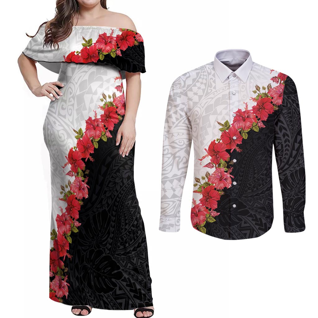 Hawaii Red Hibiscus Flowers Couples Matching Off Shoulder Maxi Dress and Long Sleeve Button Shirt Polynesian Pattern With Half Black White Version LT03 Black - Polynesian Pride