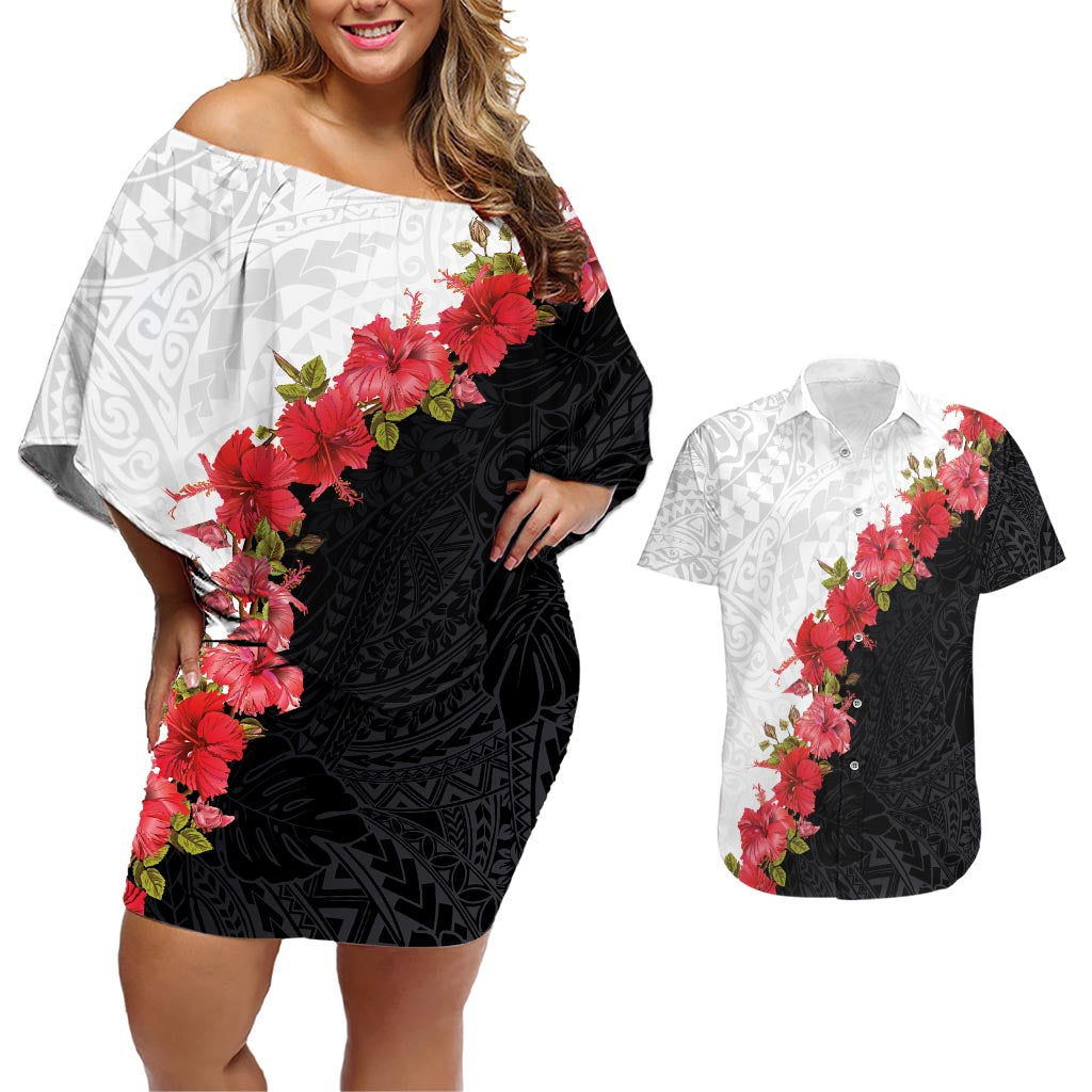 Hawaii Red Hibiscus Flowers Couples Matching Off Shoulder Short Dress and Hawaiian Shirt Polynesian Pattern With Half Black White Version LT03 Black - Polynesian Pride