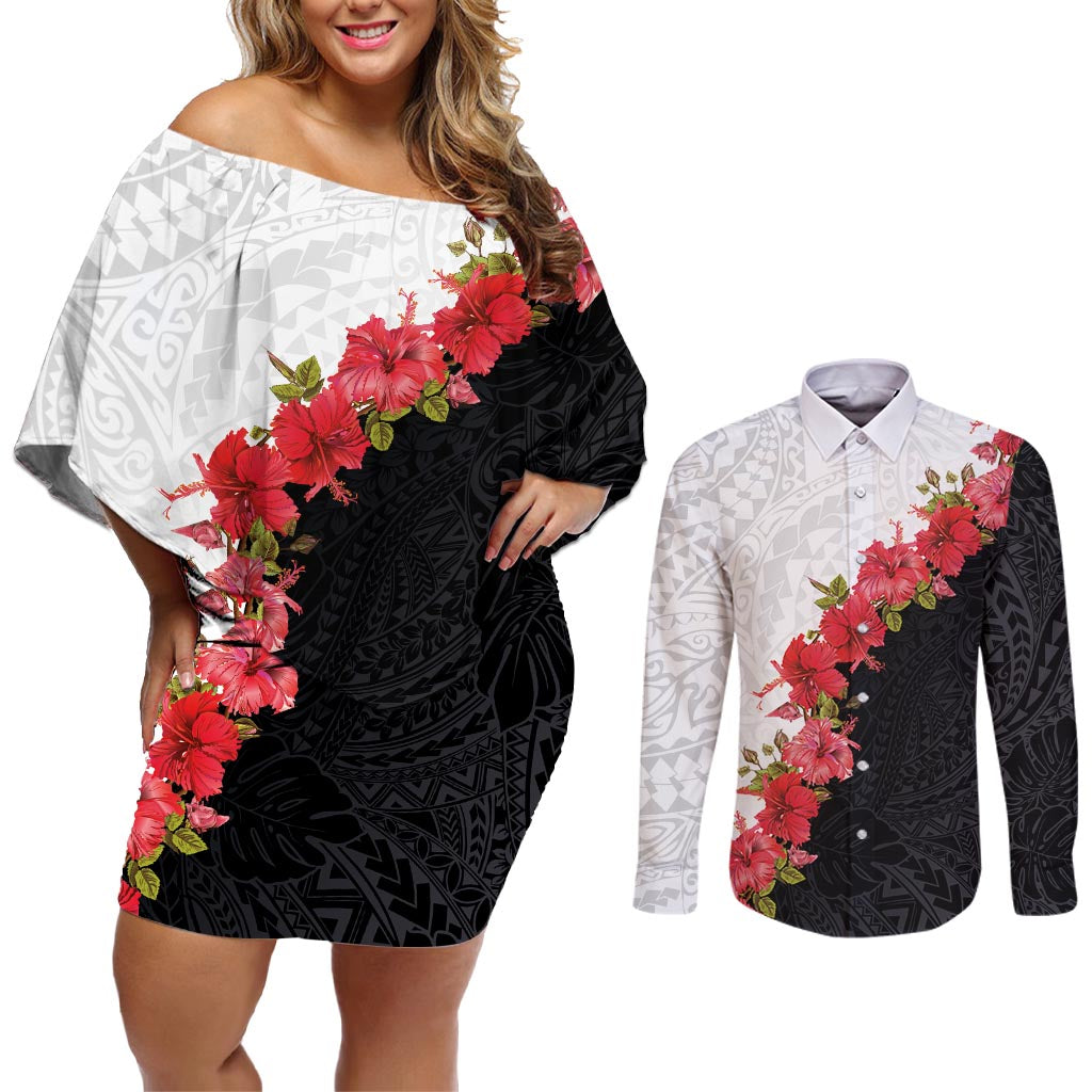 Hawaii Red Hibiscus Flowers Couples Matching Off Shoulder Short Dress and Long Sleeve Button Shirt Polynesian Pattern With Half Black White Version LT03 Black - Polynesian Pride
