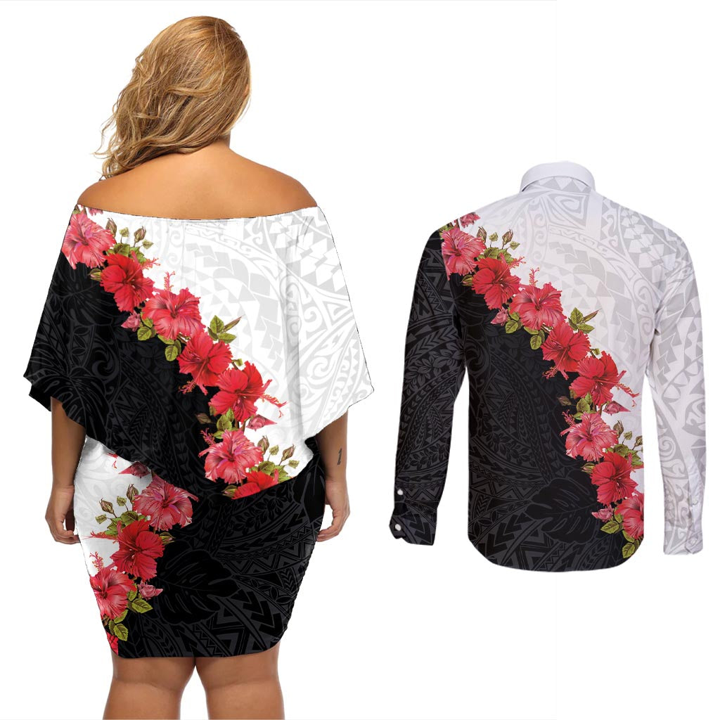 Hawaii Red Hibiscus Flowers Couples Matching Off Shoulder Short Dress and Long Sleeve Button Shirt Polynesian Pattern With Half Black White Version