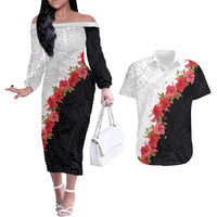 Hawaii Red Hibiscus Flowers Couples Matching Off The Shoulder Long Sleeve Dress and Hawaiian Shirt Polynesian Pattern With Half Black White Version