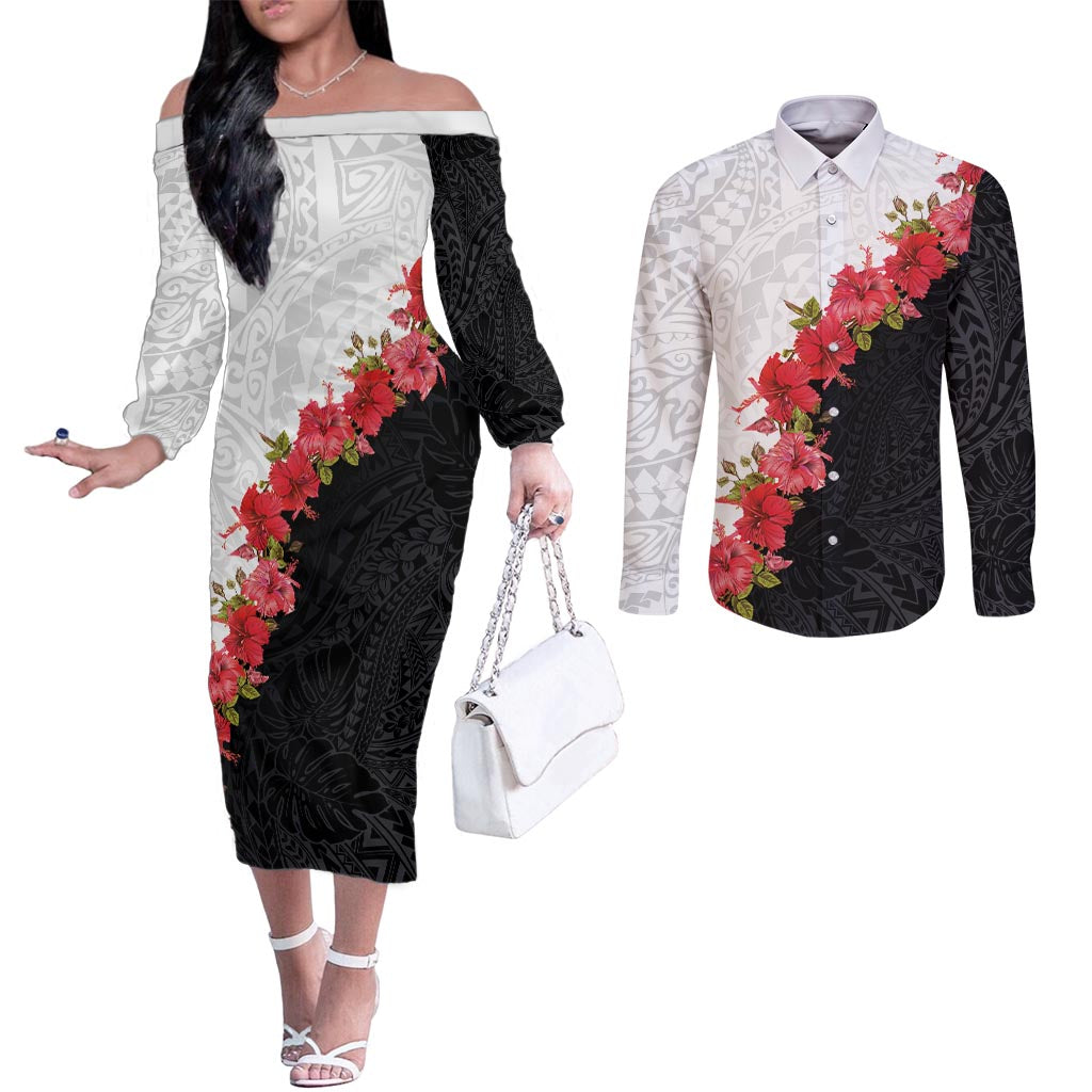 Hawaii Red Hibiscus Flowers Couples Matching Off The Shoulder Long Sleeve Dress and Long Sleeve Button Shirt Polynesian Pattern With Half Black White Version