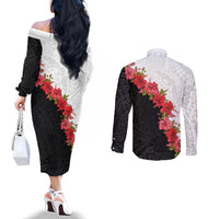 Hawaii Red Hibiscus Flowers Couples Matching Off The Shoulder Long Sleeve Dress and Long Sleeve Button Shirt Polynesian Pattern With Half Black White Version