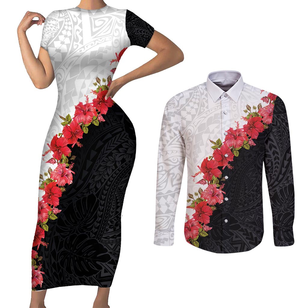 Hawaii Red Hibiscus Flowers Couples Matching Short Sleeve Bodycon Dress and Long Sleeve Button Shirt Polynesian Pattern With Half Black White Version