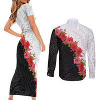 Hawaii Red Hibiscus Flowers Couples Matching Short Sleeve Bodycon Dress and Long Sleeve Button Shirt Polynesian Pattern With Half Black White Version
