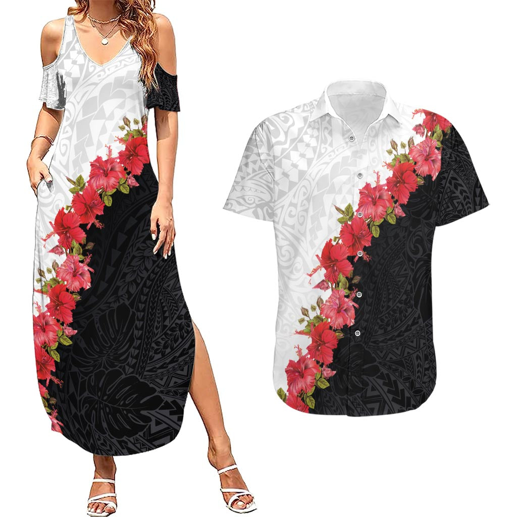 Hawaii Red Hibiscus Flowers Couples Matching Summer Maxi Dress and Hawaiian Shirt Polynesian Pattern With Half Black White Version LT03 Black - Polynesian Pride
