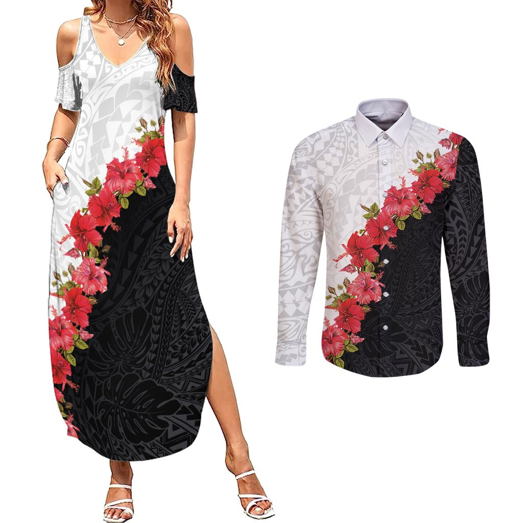 Hawaii Red Hibiscus Flowers Couples Matching Summer Maxi Dress and Long Sleeve Button Shirt Polynesian Pattern With Half Black White Version LT03 Black - Polynesian Pride