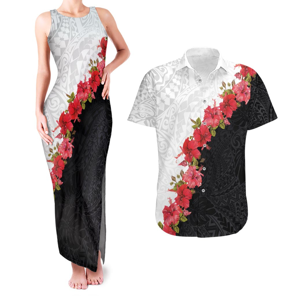 Hawaii Red Hibiscus Flowers Couples Matching Tank Maxi Dress and Hawaiian Shirt Polynesian Pattern With Half Black White Version LT03 Black - Polynesian Pride