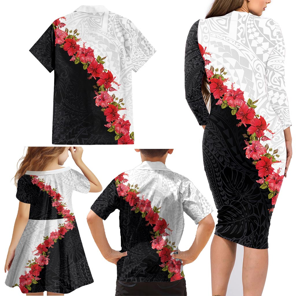 Hawaii Red Hibiscus Flowers Family Matching Long Sleeve Bodycon Dress and Hawaiian Shirt Polynesian Pattern With Half Black White Version LT03 - Polynesian Pride