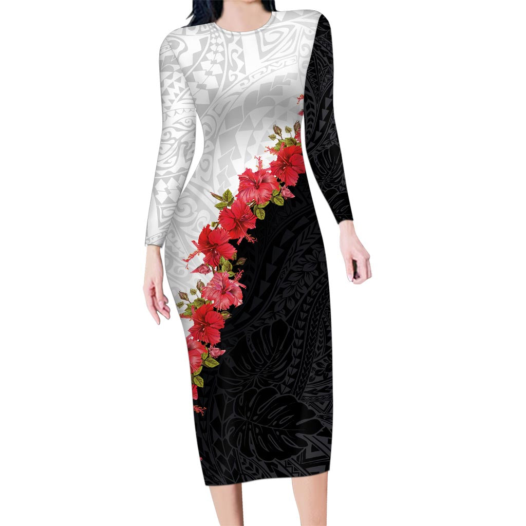 Hawaii Red Hibiscus Flowers Family Matching Long Sleeve Bodycon Dress and Hawaiian Shirt Polynesian Pattern With Half Black White Version LT03 Mom's Dress Black - Polynesian Pride