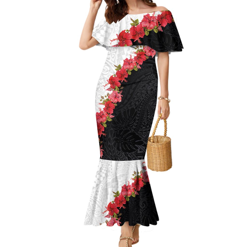Hawaii Red Hibiscus Flowers Family Matching Mermaid Dress and Hawaiian Shirt Polynesian Pattern With Half Black White Version LT03 Mom's Dress Black - Polynesian Pride