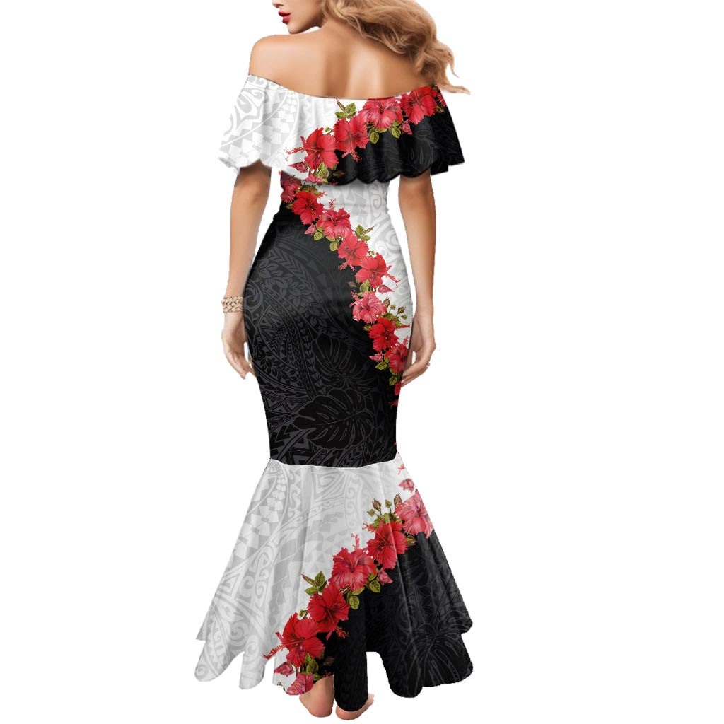 Hawaii Red Hibiscus Flowers Family Matching Mermaid Dress and Hawaiian Shirt Polynesian Pattern With Half Black White Version LT03 - Polynesian Pride