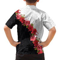 Hawaii Red Hibiscus Flowers Family Matching Off The Shoulder Long Sleeve Dress and Hawaiian Shirt Polynesian Pattern With Half Black White Version LT03 - Polynesian Pride