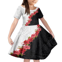 Hawaii Red Hibiscus Flowers Family Matching Off The Shoulder Long Sleeve Dress and Hawaiian Shirt Polynesian Pattern With Half Black White Version LT03 Daughter's Dress Black - Polynesian Pride