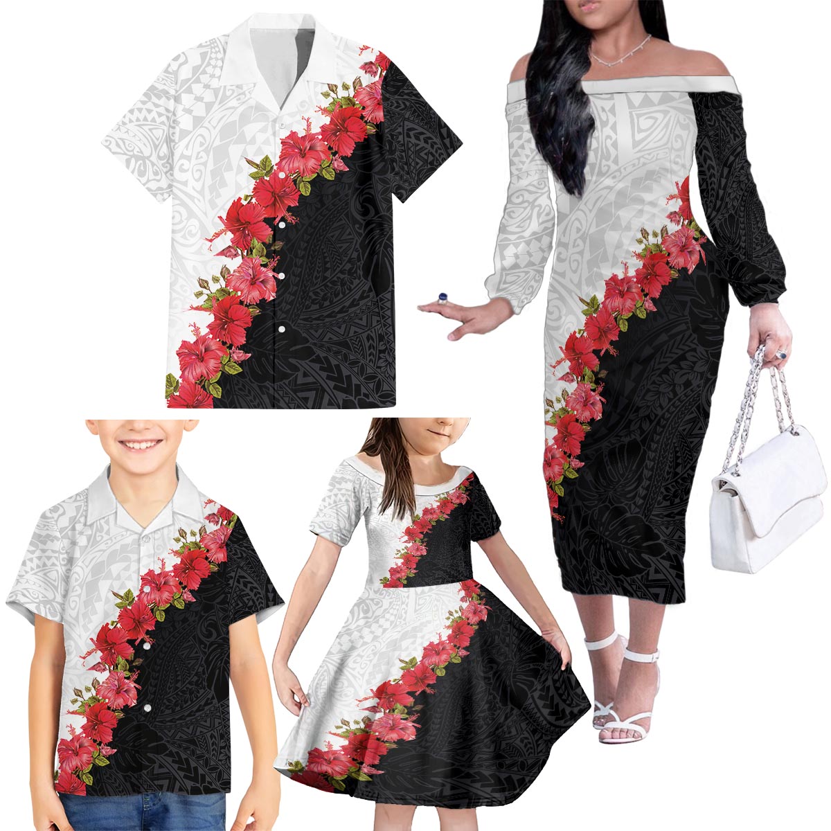Hawaii Red Hibiscus Flowers Family Matching Off The Shoulder Long Sleeve Dress and Hawaiian Shirt Polynesian Pattern With Half Black White Version LT03 - Polynesian Pride