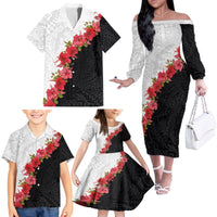 Hawaii Red Hibiscus Flowers Family Matching Off The Shoulder Long Sleeve Dress and Hawaiian Shirt Polynesian Pattern With Half Black White Version LT03 - Polynesian Pride