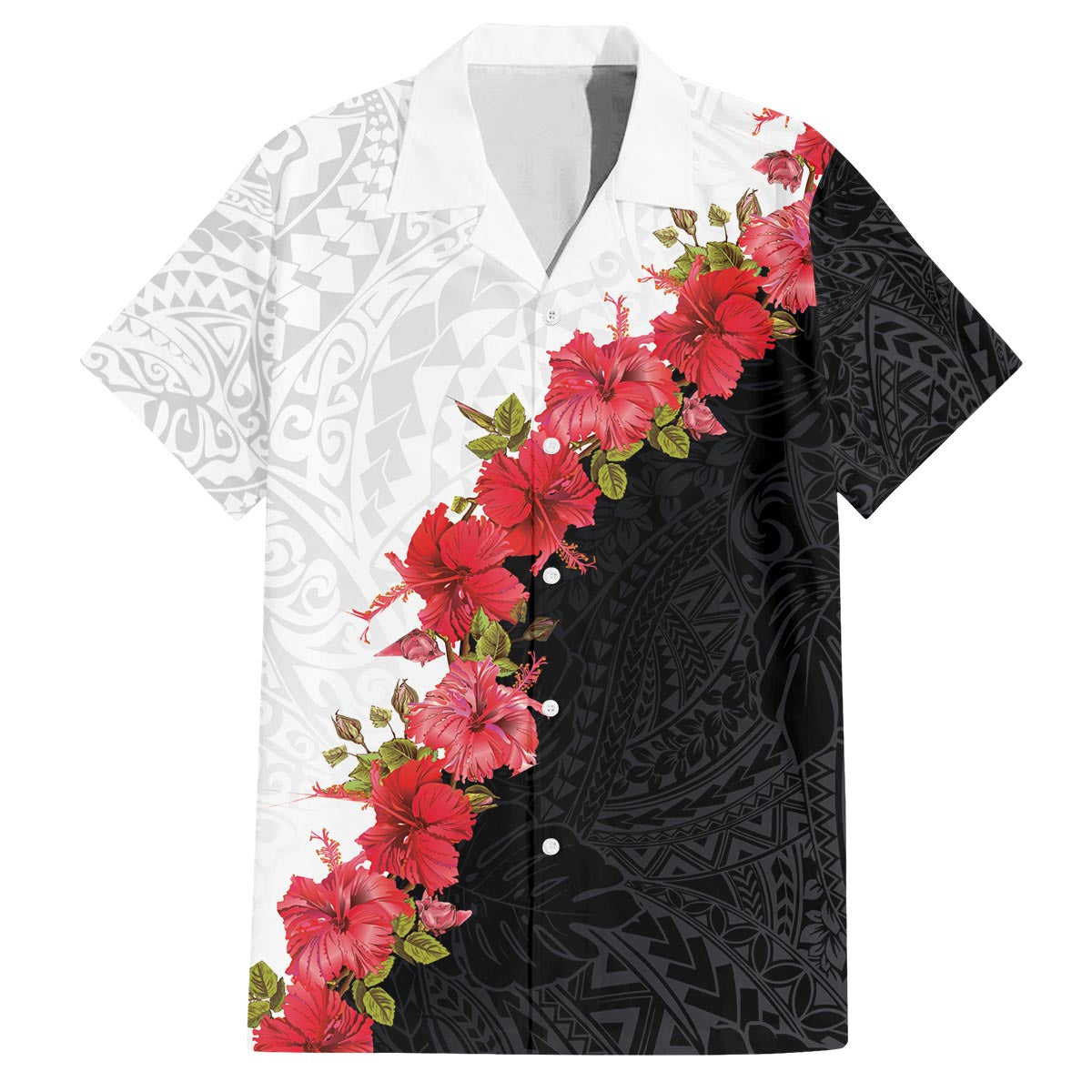 Hawaii Red Hibiscus Flowers Family Matching Off The Shoulder Long Sleeve Dress and Hawaiian Shirt Polynesian Pattern With Half Black White Version LT03 Dad's Shirt - Short Sleeve Black - Polynesian Pride