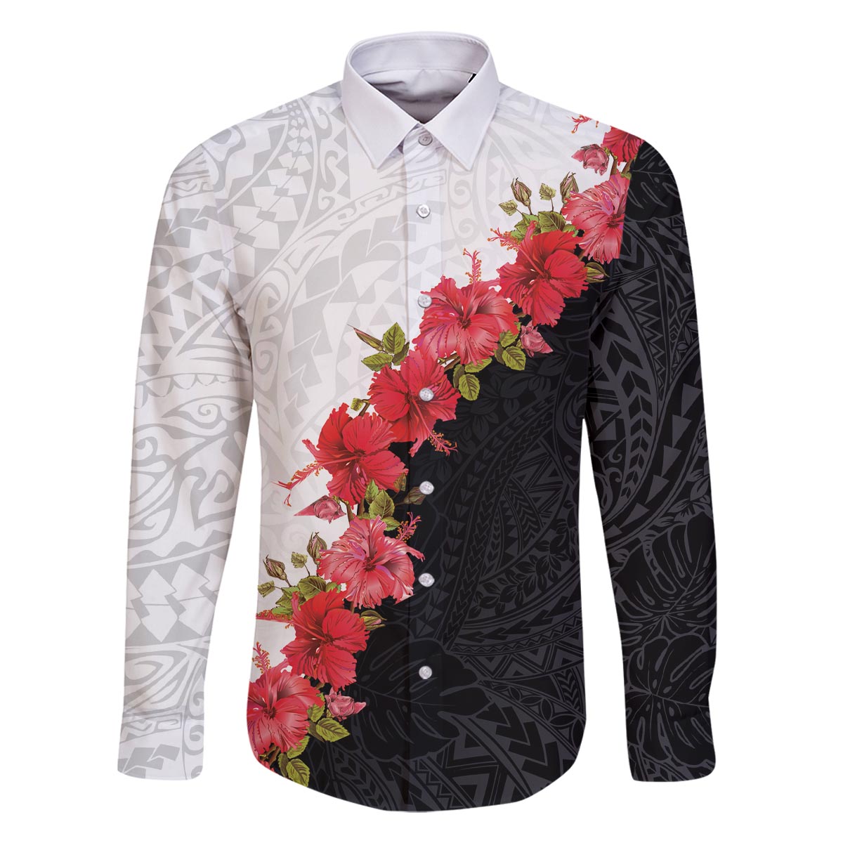 Hawaii Red Hibiscus Flowers Family Matching Off The Shoulder Long Sleeve Dress and Hawaiian Shirt Polynesian Pattern With Half Black White Version LT03 Dad's Shirt - Long Sleeve Black - Polynesian Pride