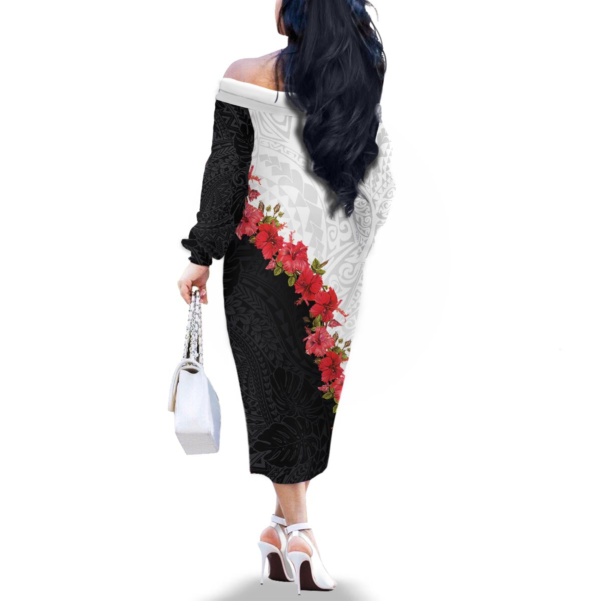 Hawaii Red Hibiscus Flowers Family Matching Off The Shoulder Long Sleeve Dress and Hawaiian Shirt Polynesian Pattern With Half Black White Version LT03 - Polynesian Pride