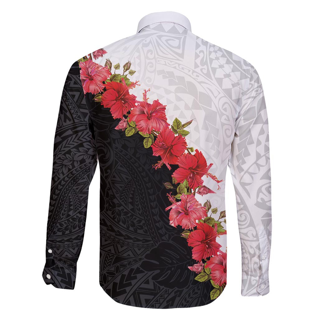 Hawaii Red Hibiscus Flowers Family Matching Off Shoulder Maxi Dress and Hawaiian Shirt Polynesian Pattern With Half Black White Version