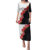 Hawaii Red Hibiscus Flowers Family Matching Puletasi and Hawaiian Shirt Polynesian Pattern With Half Black White Version