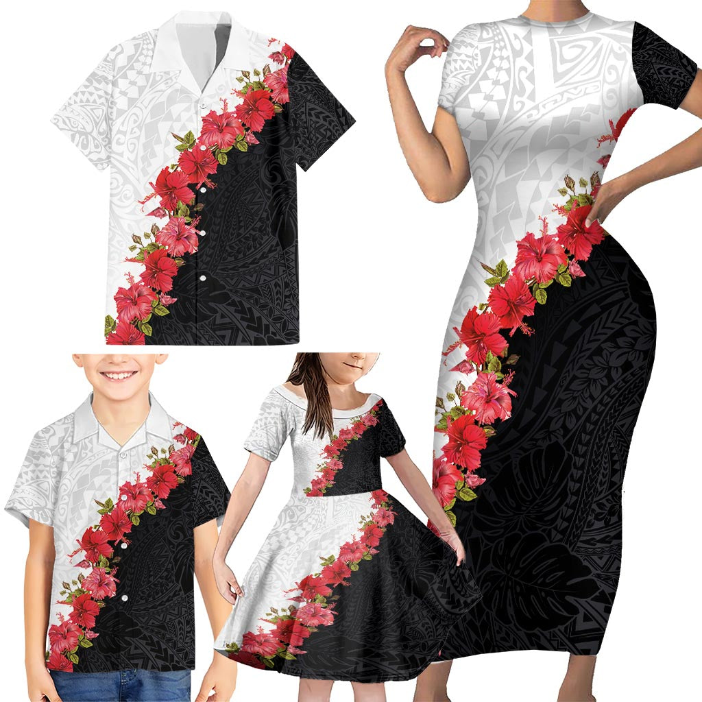 Hawaii Red Hibiscus Flowers Family Matching Short Sleeve Bodycon Dress and Hawaiian Shirt Polynesian Pattern With Half Black White Version LT03 - Polynesian Pride