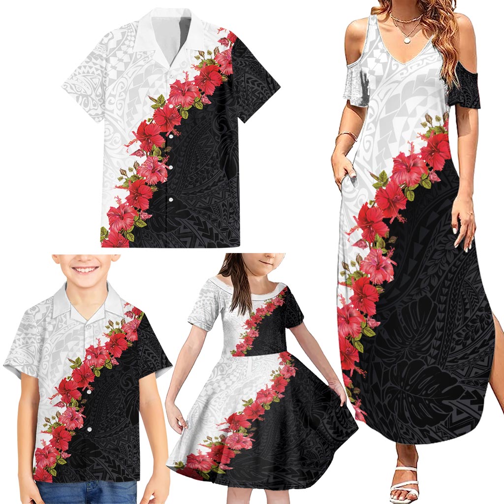 Hawaii Red Hibiscus Flowers Family Matching Summer Maxi Dress and Hawaiian Shirt Polynesian Pattern With Half Black White Version LT03 - Polynesian Pride