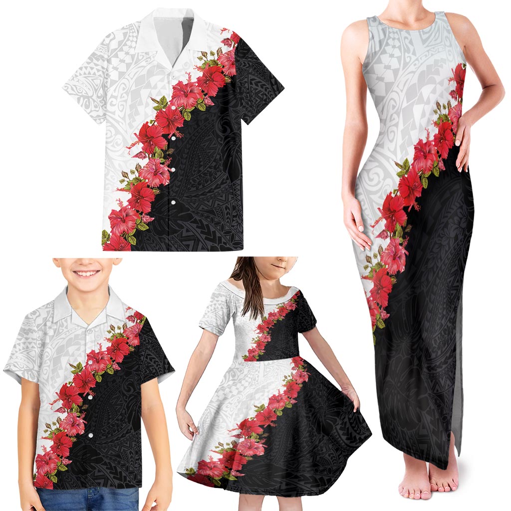 Hawaii Red Hibiscus Flowers Family Matching Tank Maxi Dress and Hawaiian Shirt Polynesian Pattern With Half Black White Version LT03 - Polynesian Pride