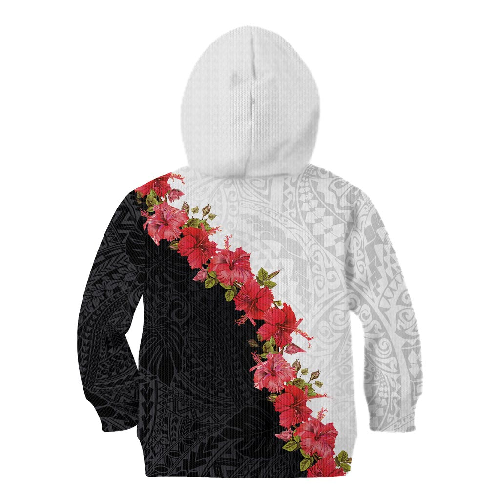 Hawaii Red Hibiscus Flowers Kid Hoodie Polynesian Pattern With Half Black White Version