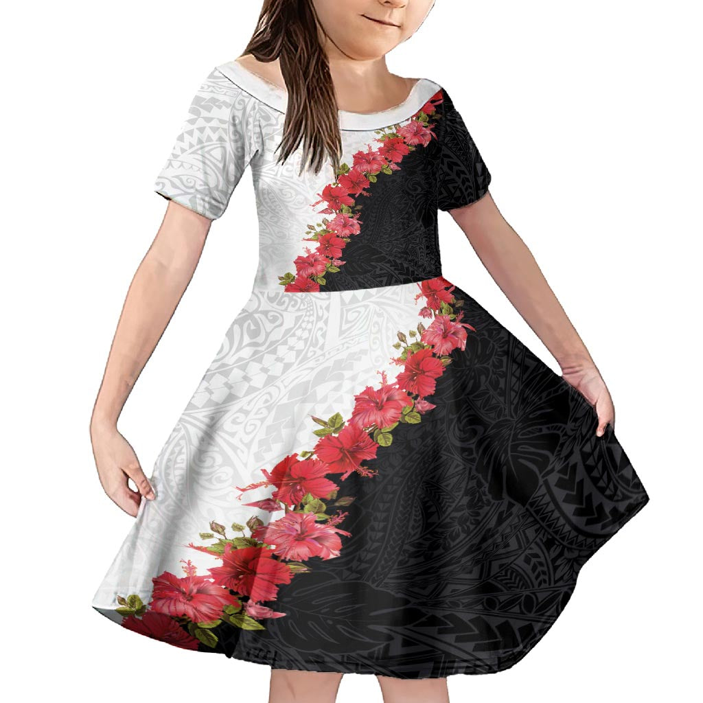 Hawaii Red Hibiscus Flowers Kid Short Sleeve Dress Polynesian Pattern With Half Black White Version