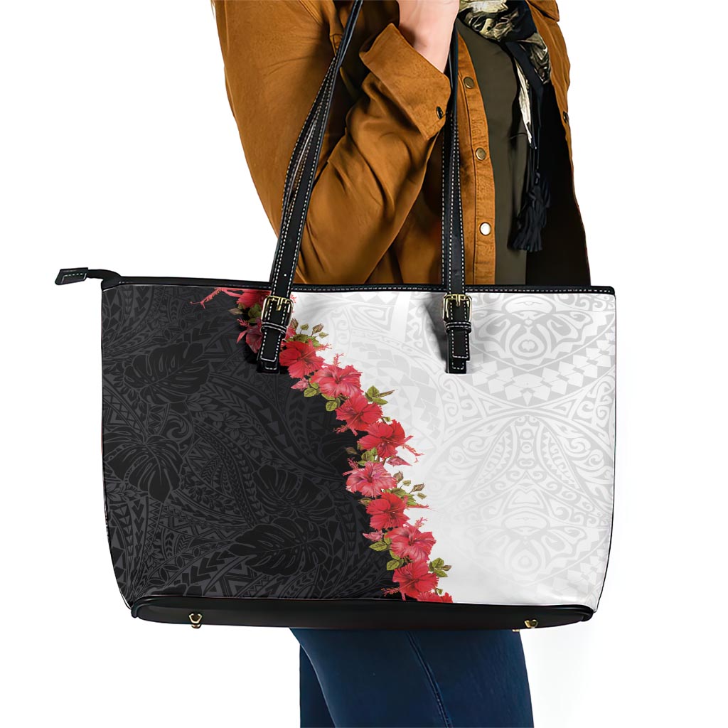 Hawaii Red Hibiscus Flowers Leather Tote Bag Polynesian Pattern With Half Black White Version LT03 - Polynesian Pride