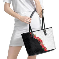 Hawaii Red Hibiscus Flowers Leather Tote Bag Polynesian Pattern With Half Black White Version LT03 - Polynesian Pride
