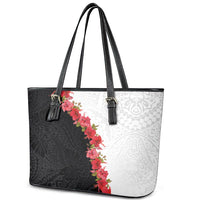 Hawaii Red Hibiscus Flowers Leather Tote Bag Polynesian Pattern With Half Black White Version LT03 - Polynesian Pride
